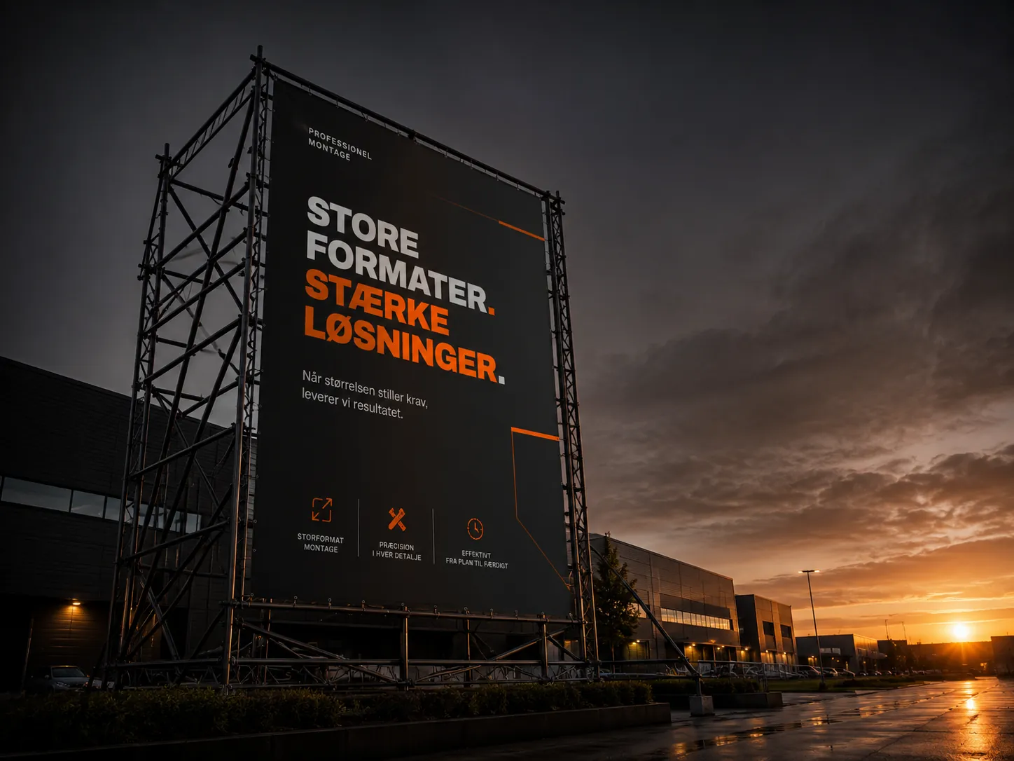 Storformat montage — banner monteret på stillads
